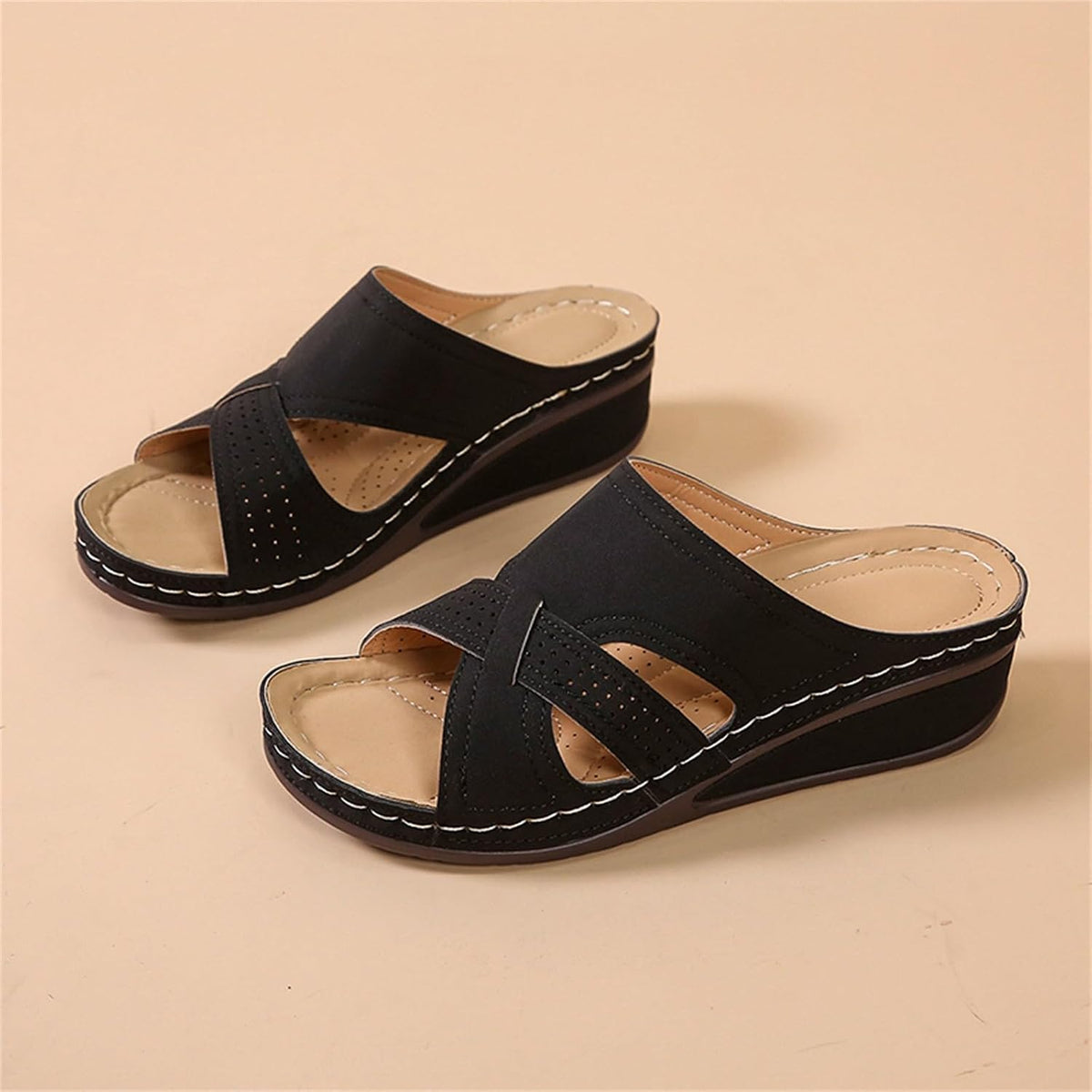 Women's Summer Comfortable Leather Shoes Orthopedic Women's Comfort Chic Summer Lightweight Leather Slides with Buckle Wedge Shoe Thick Wedges Leather Mules for Women