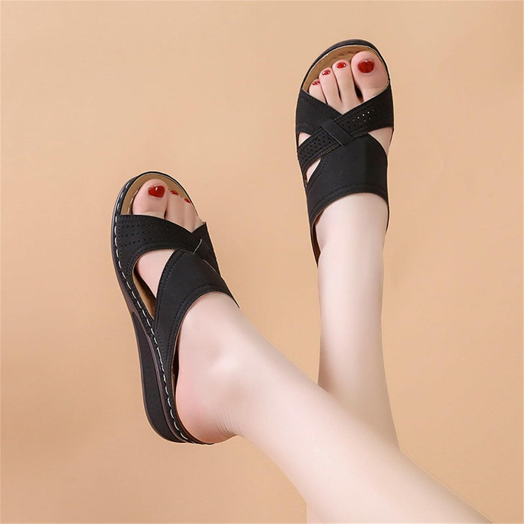 Women's Summer Comfortable Leather Shoes Orthopedic Women's Comfort Chic Summer Lightweight Leather Slides with Buckle Wedge Shoe Thick Wedges Leather Mules for Women