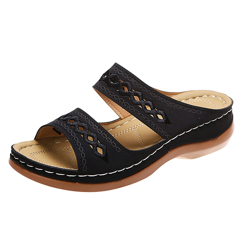 Women's Summer Comfortable Leather Shoes Orthopedic Women's Comfort Chic Summer Lightweight Leather Slides with Buckle Wedge Shoe Thick Wedges Leather Mules for Women