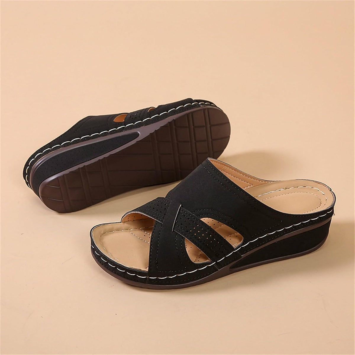 Women's Summer Comfortable Leather Shoes Orthopedic Women's Comfort Chic Summer Lightweight Leather Slides with Buckle Wedge Shoe Thick Wedges Leather Mules for Women