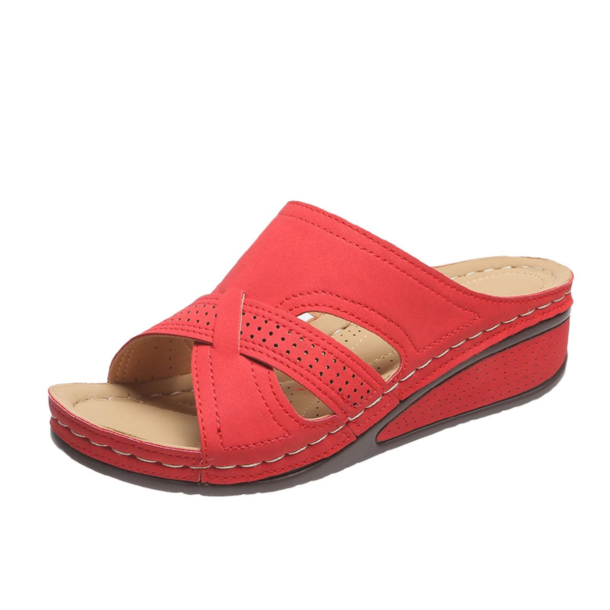 Women's Summer Comfortable Leather Shoes Orthopedic Women's Comfort Chic Summer Lightweight Leather Slides with Buckle Wedge Shoe Thick Wedges Leather Mules for Women