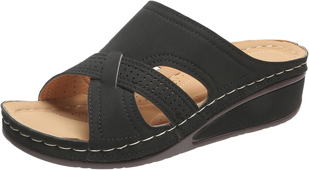 Women's Summer Comfortable Leather Shoes Orthopedic Women's Comfort Chic Summer Lightweight Leather Slides with Buckle Wedge Shoe Thick Wedges Leather Mules for Women