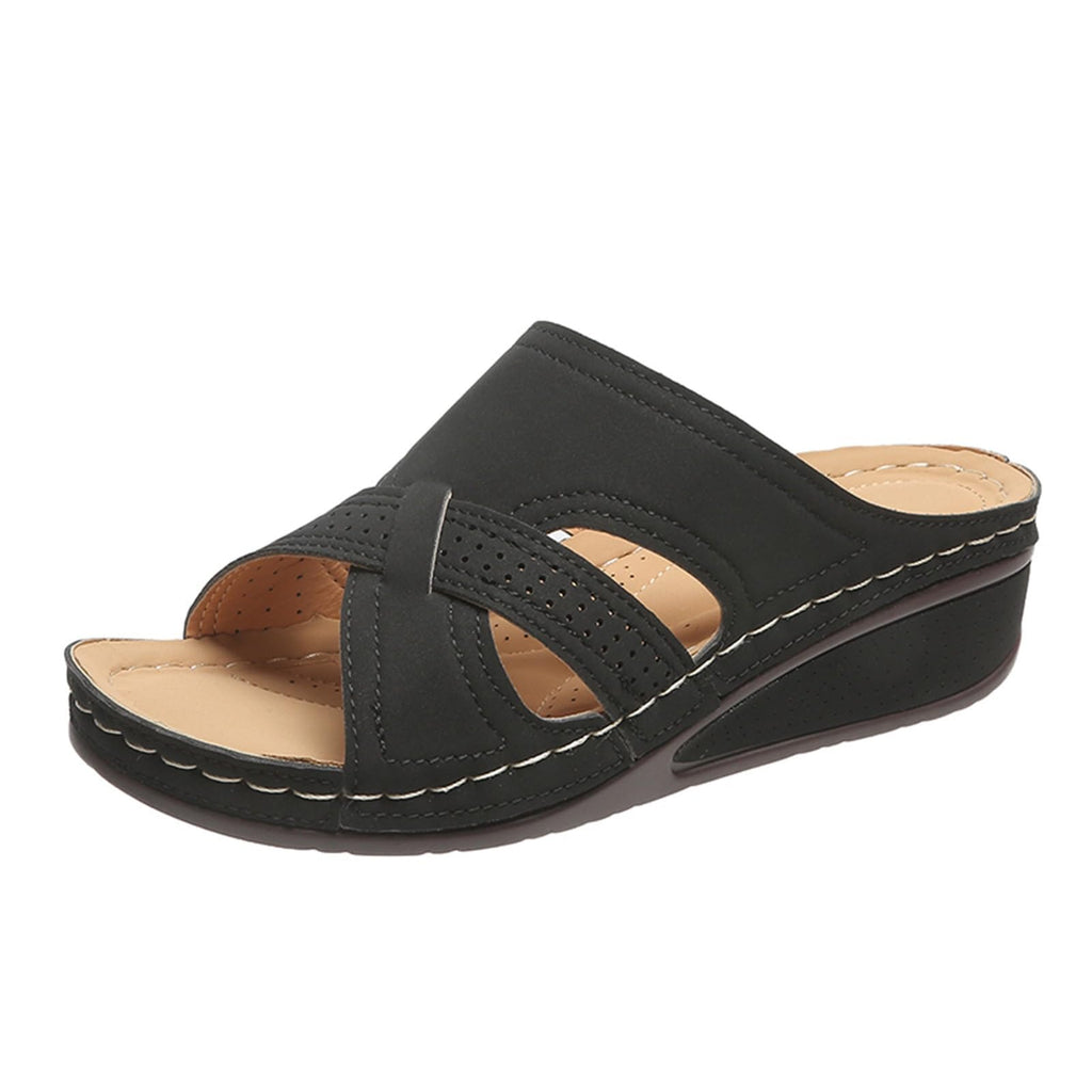 Women's Summer Comfortable Leather Shoes Orthopedic Women's Comfort Chic Summer Lightweight Leather Slides with Buckle Wedge Shoe Thick Wedges Leather Mules for Women