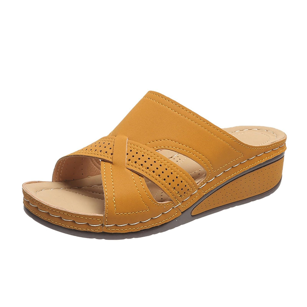 Women's Summer Comfortable Leather Shoes Orthopedic Women's Comfort Chic Summer Lightweight Leather Slides with Buckle Wedge Shoe Thick Wedges Leather Mules for Women