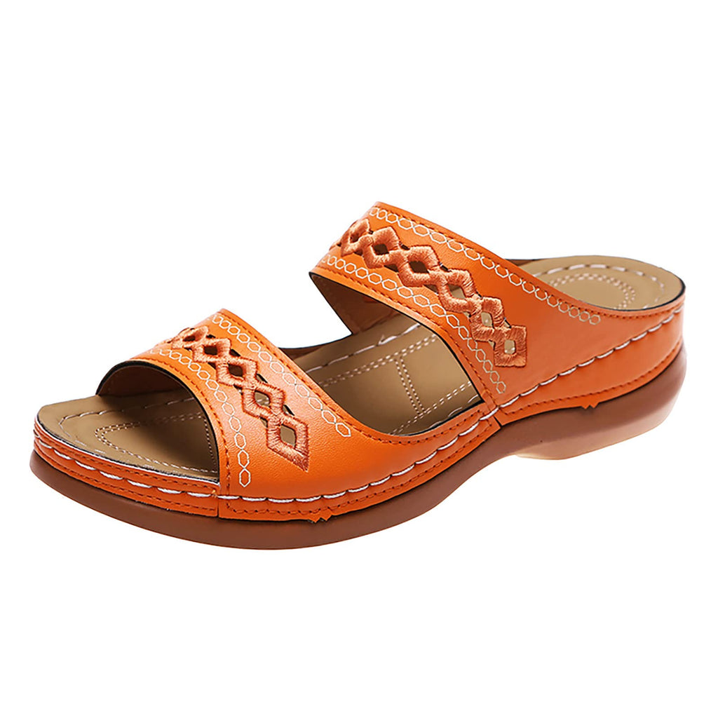 Women's Summer Comfortable Leather Shoes Orthopedic Women's Comfort Chic Summer Lightweight Leather Slides with Buckle Wedge Shoe Thick Wedges Leather Mules for Women