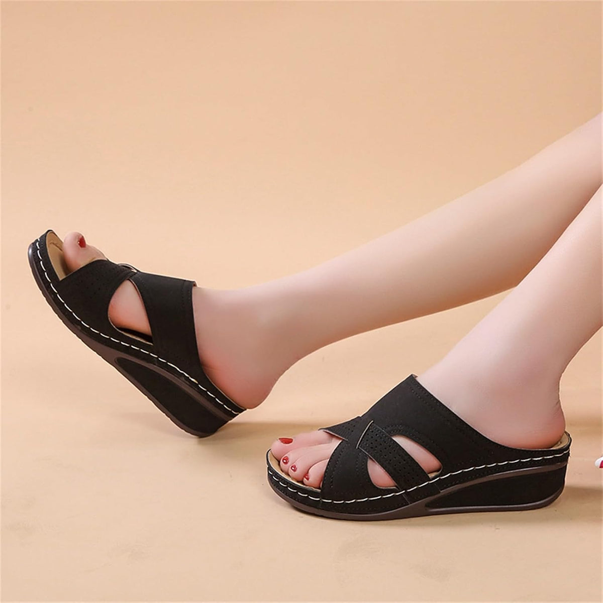 Women's Summer Comfortable Leather Shoes Orthopedic Women's Comfort Chic Summer Lightweight Leather Slides with Buckle Wedge Shoe Thick Wedges Leather Mules for Women