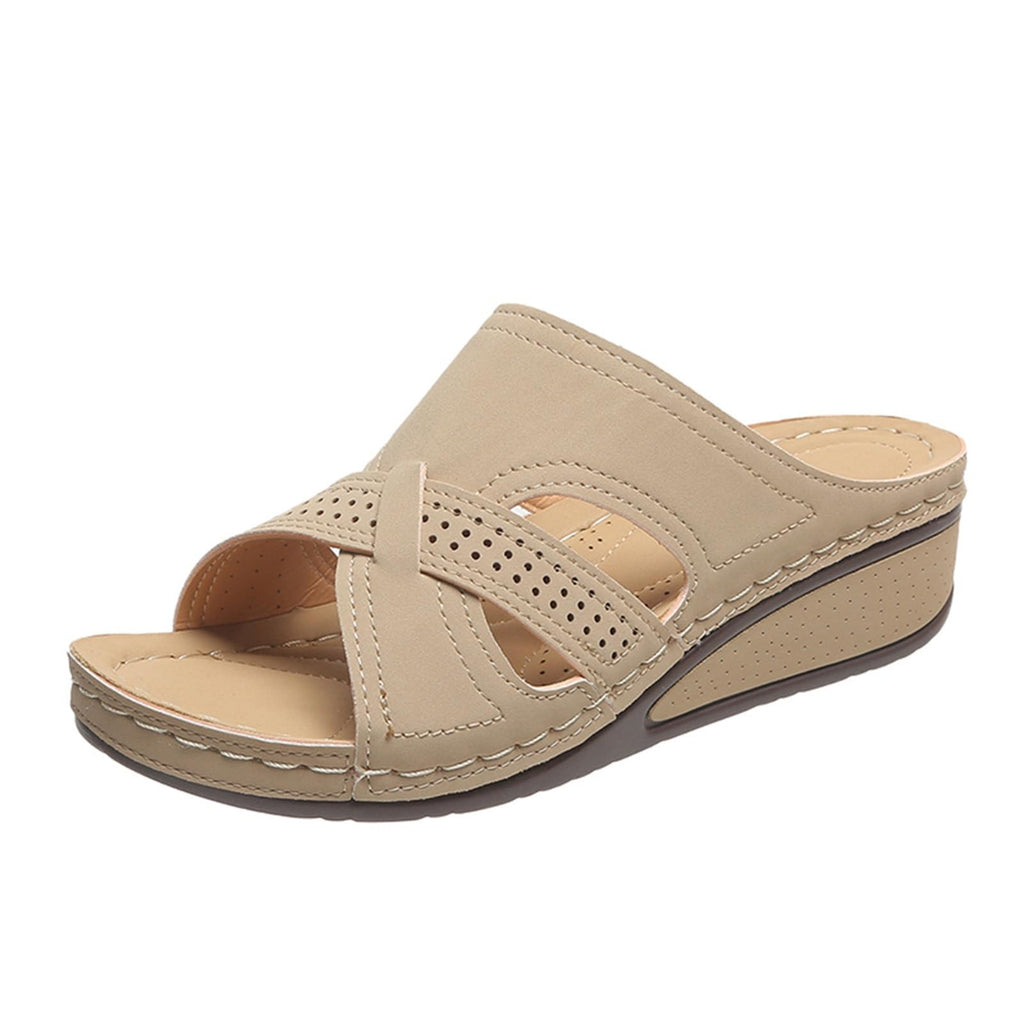 Women's Summer Comfortable Leather Shoes Orthopedic Women's Comfort Chic Summer Lightweight Leather Slides with Buckle Wedge Shoe Thick Wedges Leather Mules for Women
