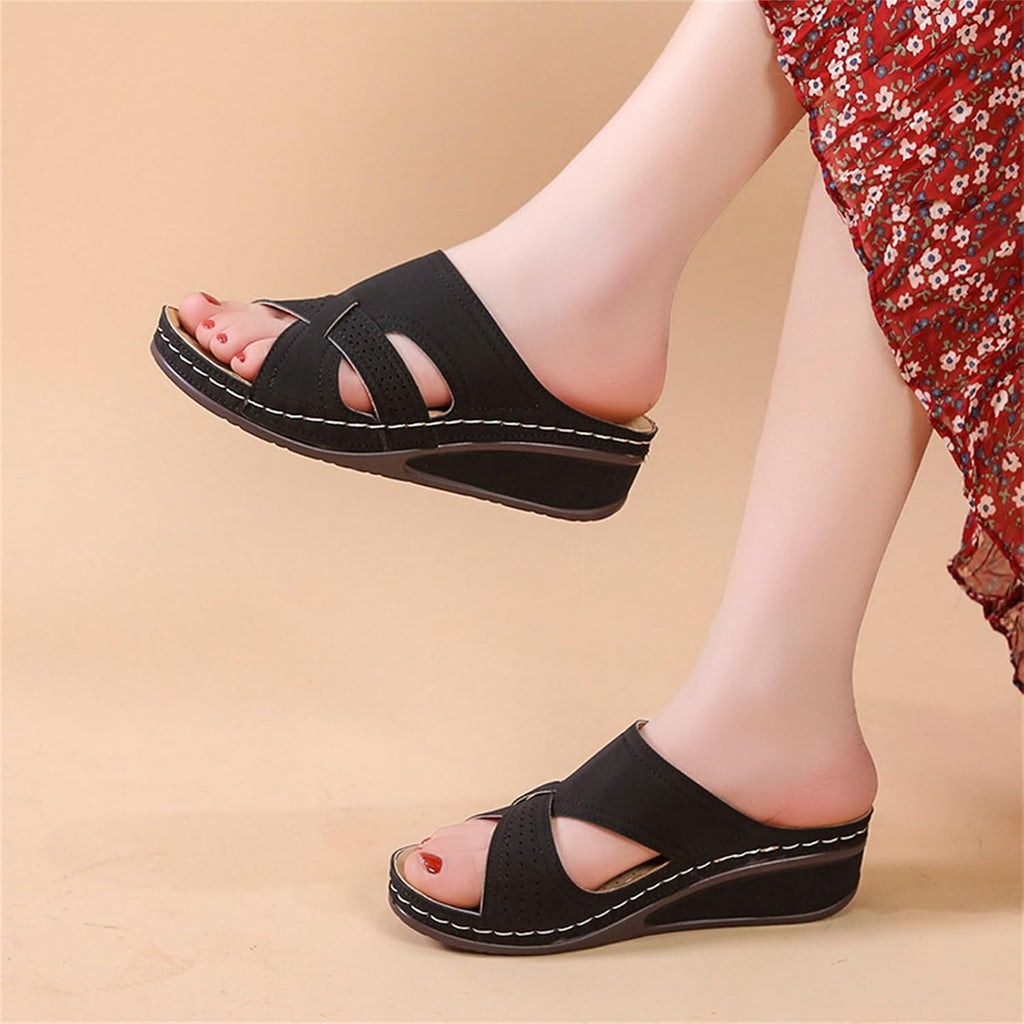 Women's Summer Comfortable Leather Shoes Orthopedic Women's Comfort Chic Summer Lightweight Leather Slides with Buckle Wedge Shoe Thick Wedges Leather Mules for Women