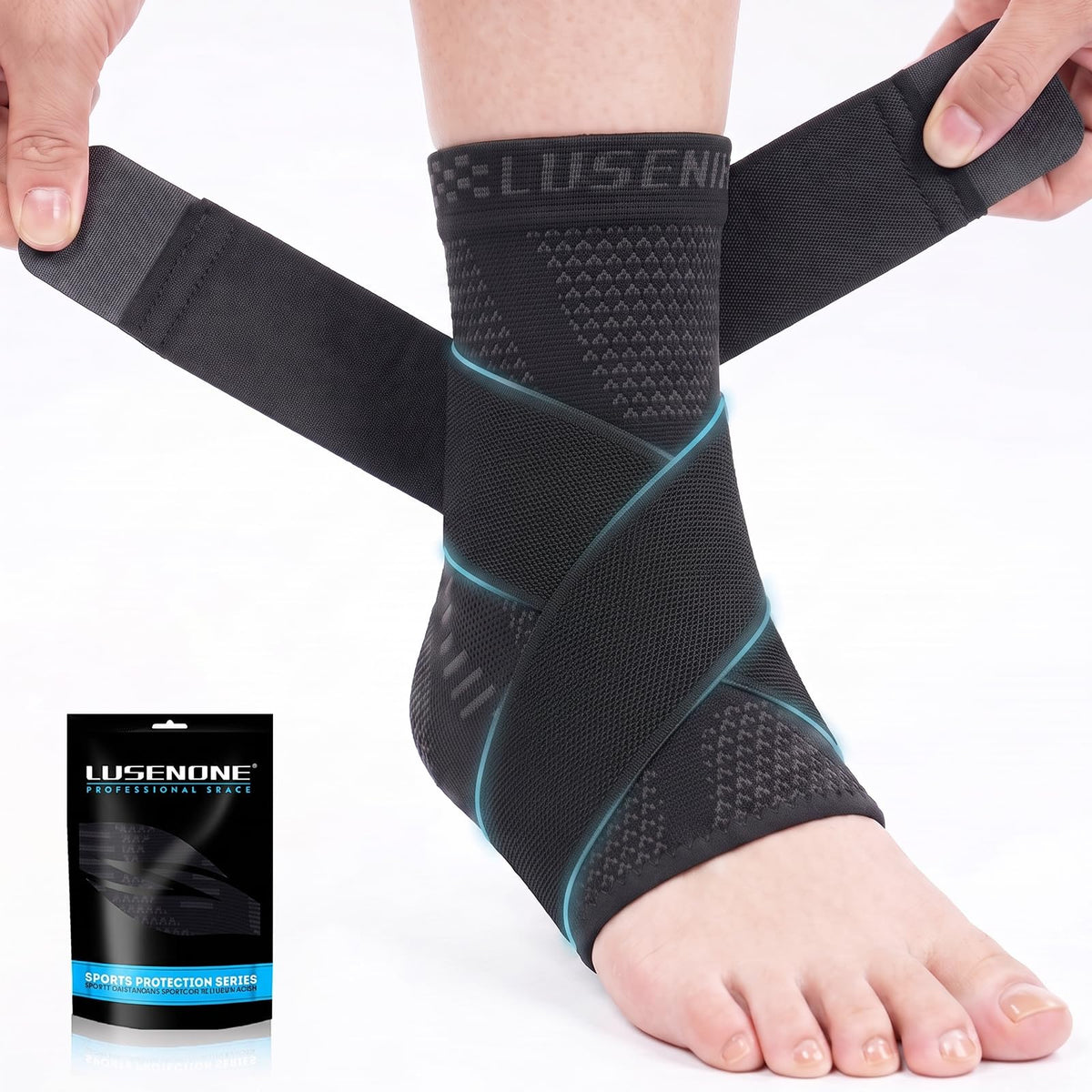 Lusenone Adjustable Ankle Support Sprain, Sports Support Ankle Brace Compression for Sprain, Plantar Fasciitis, Tendonitis Achilles Tendonitis, Right and Left Ankle Guard, Black