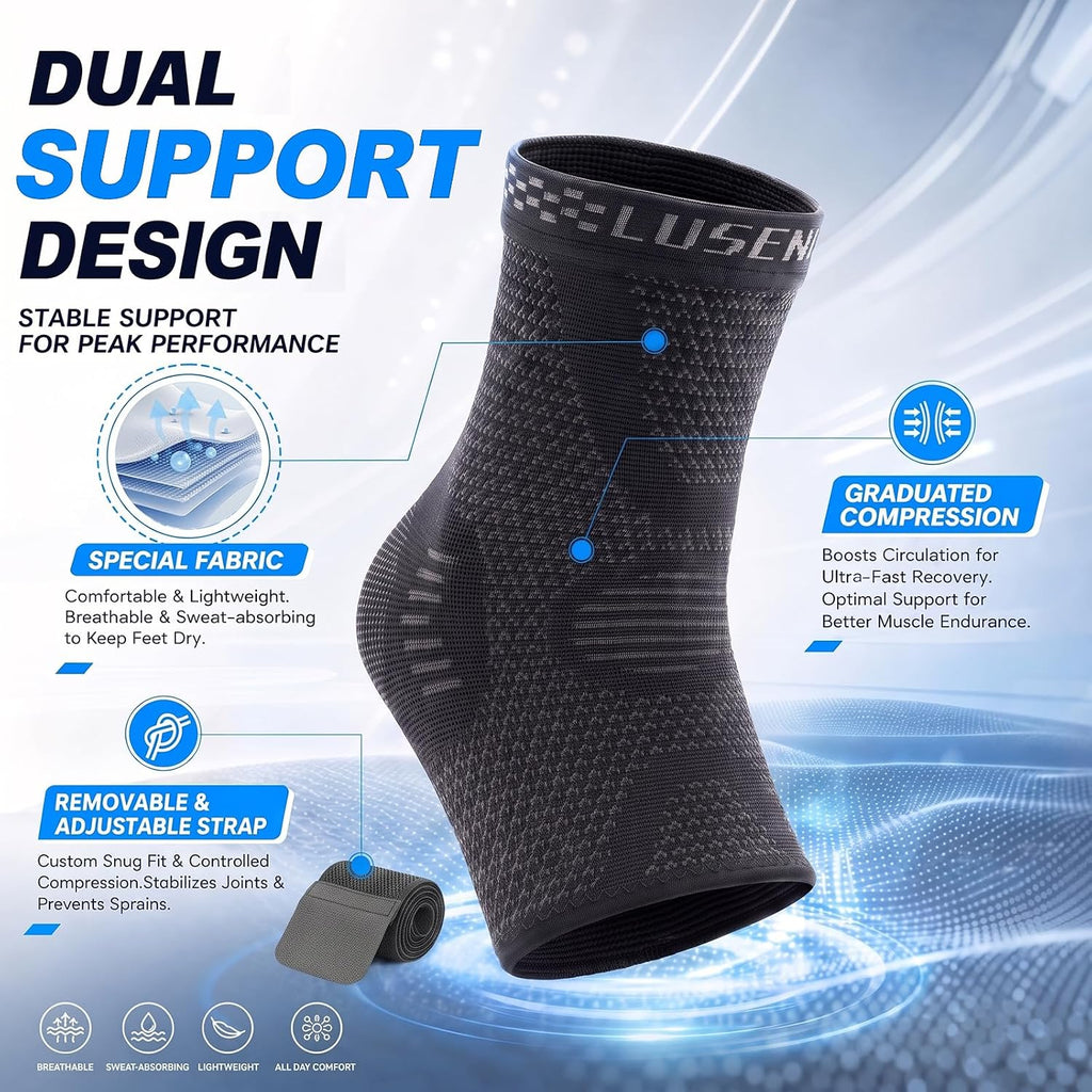 Lusenone Adjustable Ankle Support Sprain, Sports Support Ankle Brace Compression for Sprain, Plantar Fasciitis, Tendonitis Achilles Tendonitis, Right and Left Ankle Guard, Black