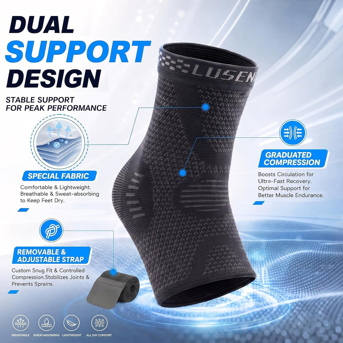 Lusenone Adjustable Ankle Support Sprain, Sports Support Ankle Brace Compression for Sprain, Plantar Fasciitis, Tendonitis Achilles Tendonitis, Right and Left Ankle Guard, Black