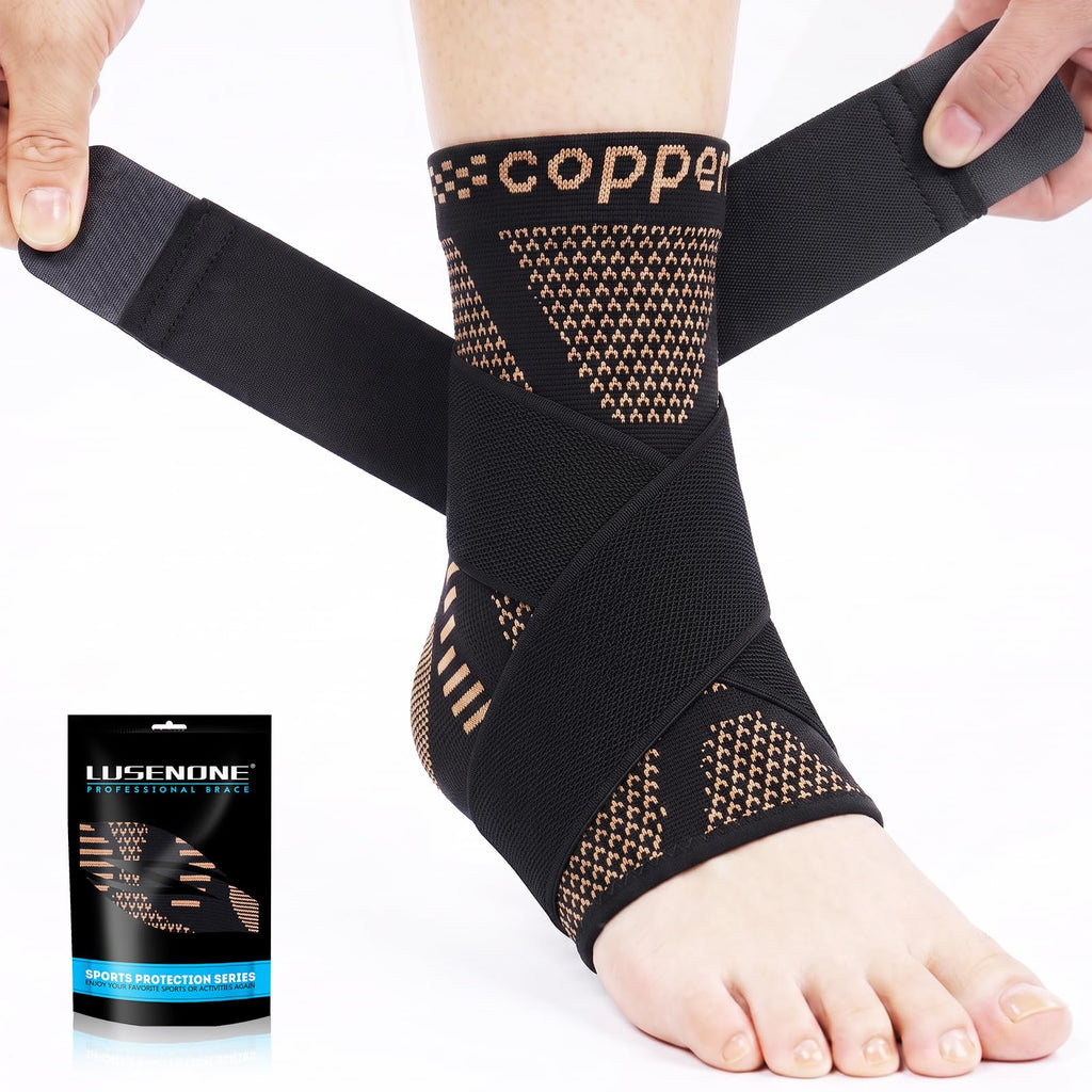 Lusenone Adjustable Ankle Support Sprain, Sports Support Ankle Brace Compression for Sprain, Plantar Fasciitis, Tendonitis Achilles Tendonitis, Right and Left Ankle Guard, Black